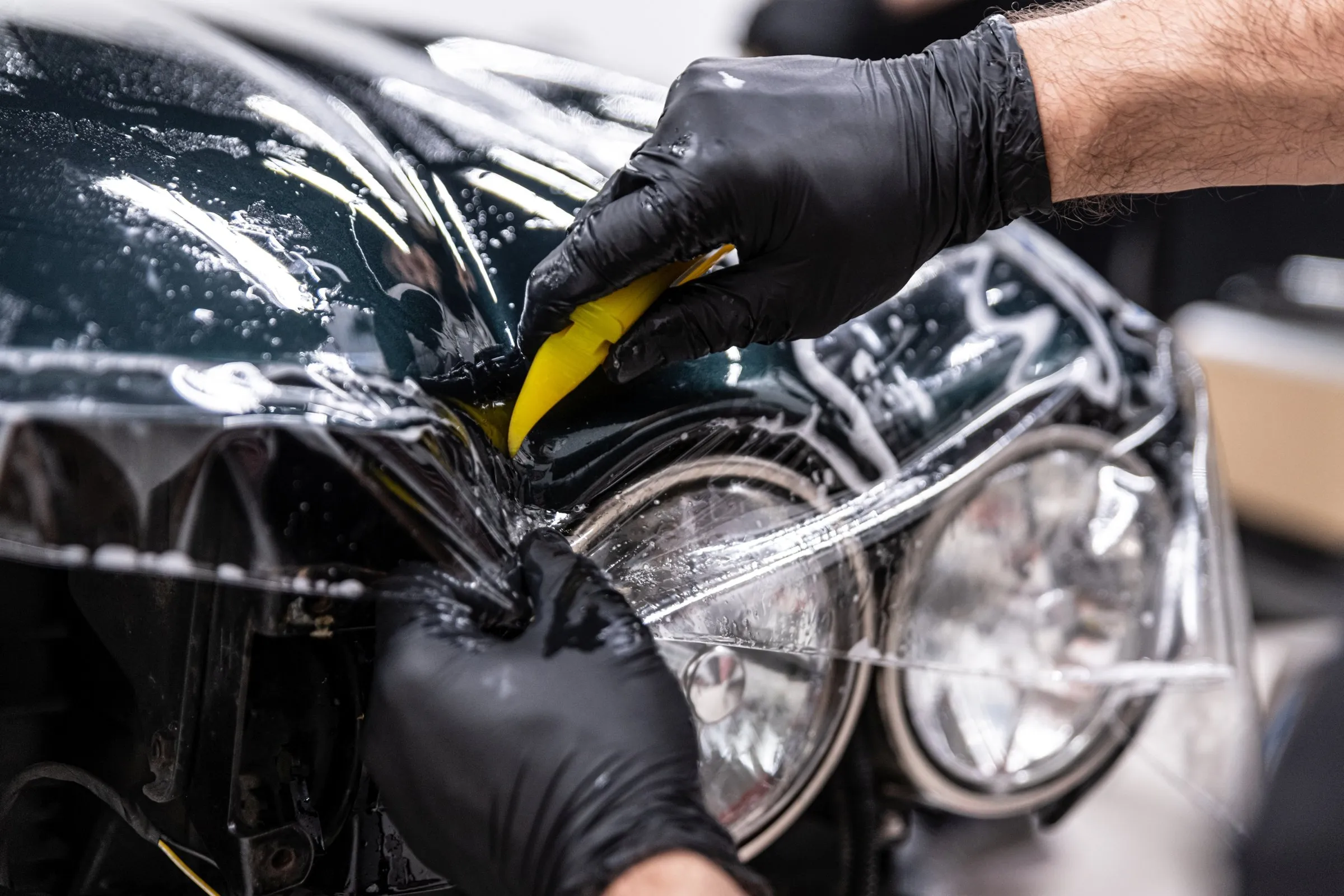 Transparente Lackschutzfolie wird nass an Scheinwerfer und Front eines Autos verklebt