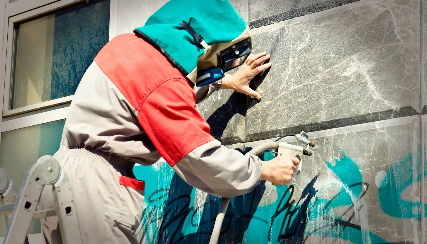 Arbeiter in Schutzkleidung entfernt Graffiti von einer Steinfassade